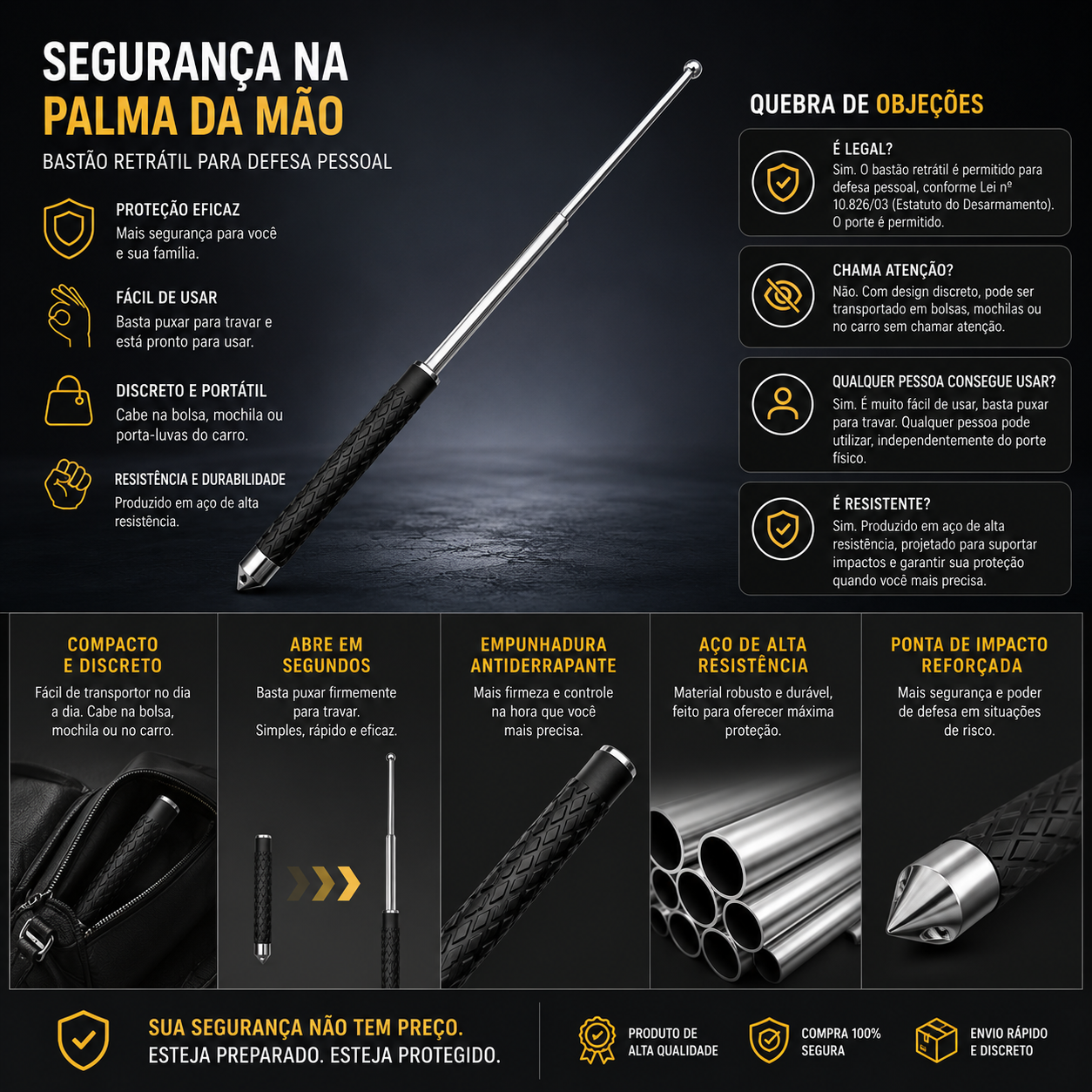 Bastão Retrátil Aço Cabo de Borracha - Defesa Pessoal